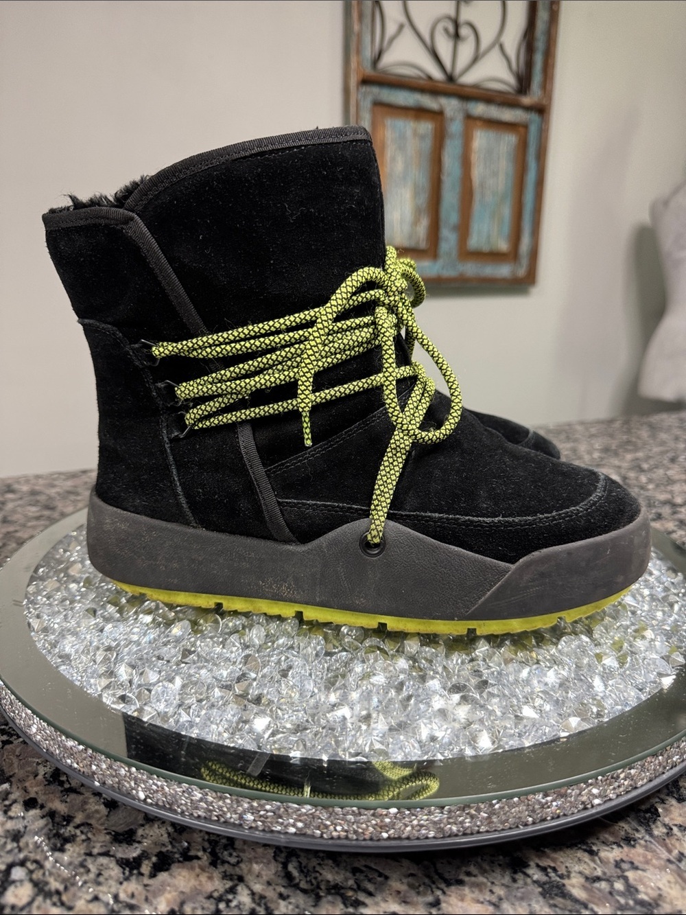 BareTraps Black Suede Winter Boots with Neon Yellow Laces and Sole EUC 9